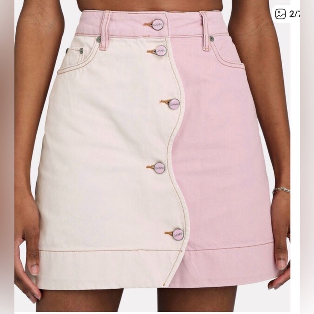 GANNI Cream Light Lilac Wavy Cutline Streetwear Organic Denim Mini Skirt 38 - Picture 4 of 13